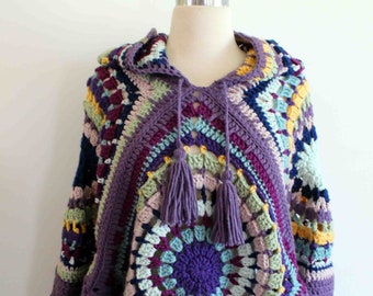 Crochet Hoodie Poncho, Handmade Poncho, Coachella Gear, Hooded Poncho, Poncho with Hood, Fringed Poncho, Mandalla Crochet, Purple Poncho