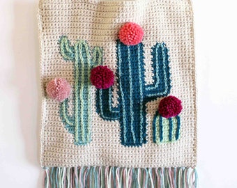 Crochet Tote Bag, Cactus Tote, Fun Colorful Bag, Tote with poms and fringe, Ready to ship,