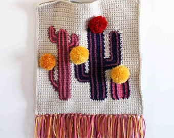 Crochet Tote Bag, Cactus Tote, Fun Colorful Bag, Tote with poms and fringe, Ready to ship,