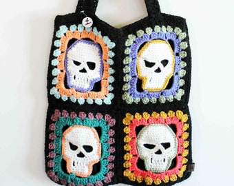 Crochet Tote, Granny Square Tote, Granny Skull Tote, Handmade Tote bag, Crochet Skull Tote bag, Ready to Ship
