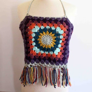 Crochet Crop Top, Granny Square Top, Crochet Tank Top, Crop Top with Fringe, Handmade Crop Top, Festival Top, Adjustable Size, Ready to Ship image 1