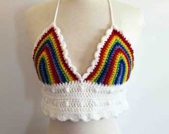 Rainbow Crop Top, Crochet Crop Top, Crochet Bralette, Handmade Crop Top, Triangle Bralette, Festival Top, Size Sm, Summer Top, Tank Top,