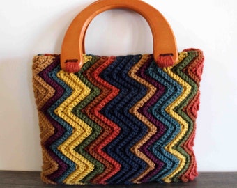 Hand Crochet ZigZag Handbag with Wooden Handles