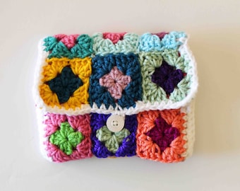 Crochet Pouch, Crochet Clutch, Small Clutch, Make Up bag, Granny Square Clutch, Handmade Pouch, Button Pouch, Hand Clutch, Lined Pouch