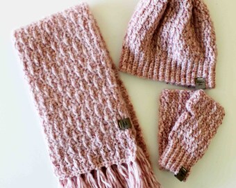 Pink Tweed Handmade Crochet Scarf set with Matching Beanie and Fingerless Gloves, Gift for Her, Ready to Ship