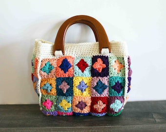Crochet Granny Square Handbag with Wood Handles, Handmade Handbag, Crochet Purse, Ready to Ship