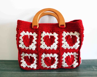 Crochet Granny Heart Handbag, Crochet Purse, Wood Handles, Ready to Ship