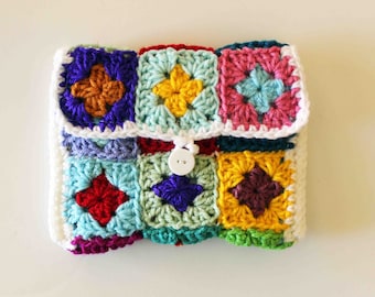 Granny Square Clutch, Crochet Pouch, Crochet Clutch, Small Clutch, Make Up bag, Handmade Pouch, Button Pouch, Hand Clutch, Lined Pouch