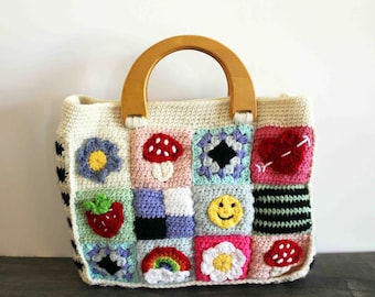 Crochet Whimsical Bag, Hand Crochet Handbag, Fun Bag, Crochet Patch Bag, Handmade Handbag, Gift for Her, Ready to ship