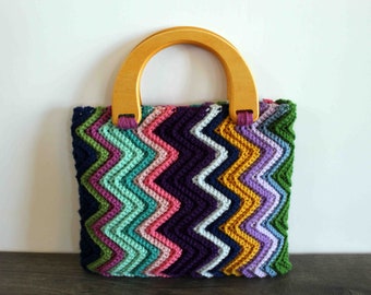 Crochet ZigZag Handbag w/ Wooden Handles, Handmade Purse