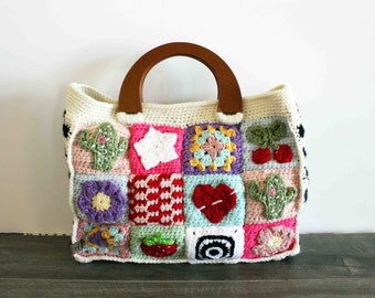 Hand Crochet Handbag, Crochet Whimsical Bag, Fun Bag, Crochet Patch Bag, Handmade Handbag, Gift for Her, Ready to ship