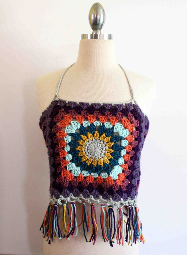 Crochet Crop Top, Granny Square Top, Crochet Tank Top, Crop Top with Fringe, Handmade Crop Top, Festival Top, Adjustable Size, Ready to Ship image 1