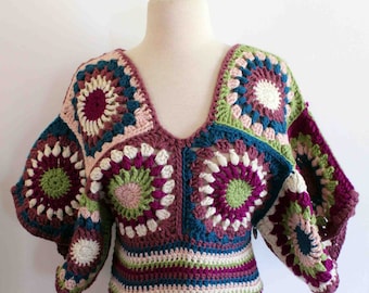 Crochet Crop Sweater, Handmade Crop top, Granny square top, Festival Top, Size Sm,
