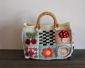 Whimsical Bag, Hand Crochet Handbag, Fun Bag, Crochet Patch Bag, Handmade Handbag, Gift for Her, Ready to ship