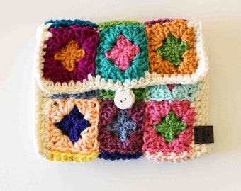 Crochet Clutch, Crochet Pouch, Small Clutch, Make Up bag, Granny Square Clutch, Handmade Pouch, Button Pouch, Hand Clutch, Lined Pouch