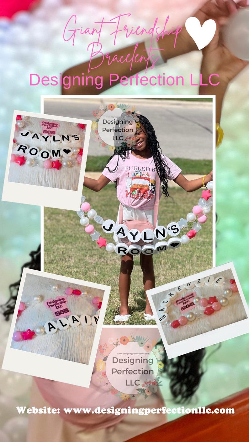 Puede incluir: Una ni&ntilde;a sostiene un gran brazalete de cuentas rosa y blanco con las palabras "JAYLN'S ROOM" escritas en letras blancas. El brazalete est&aacute; decorado con cuentas rosa y blanco, estrellas y corazones. La ni&ntilde;a lleva una camiseta rosa con las palabras "Fueled by VIBES" impresas en ella. La imagen tambi&eacute;n muestra otros brazaletes con diferentes nombres, incluyendo "ALAIN" y "MACKENZIE". La imagen incluye el texto "Designing Perfection LLC" y la direcci&oacute;n del sitio web "www.designingperfectionllc.com".