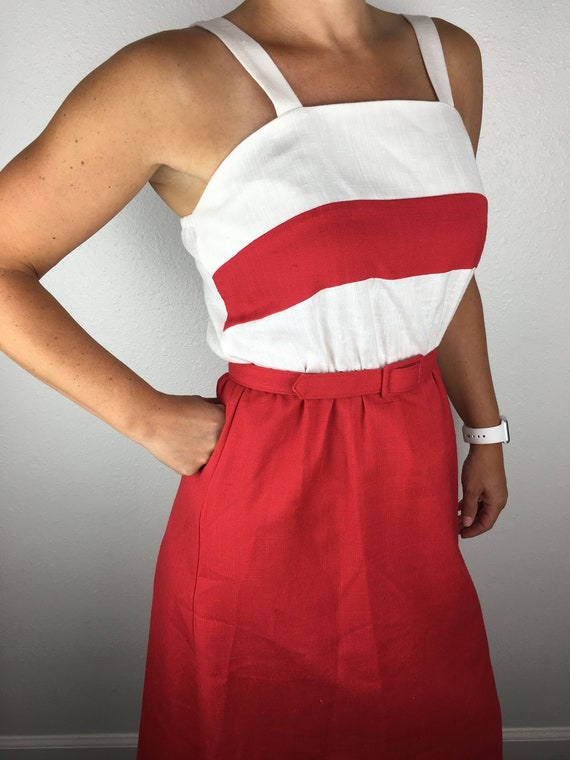 Vintage 80s Red and White Apron Dress - image 3