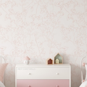 Papier peint fleurs de cerisier délicates - Autres couleurs disponibles / Dessin au trait moderne, Design floral / Motif floral mural / Floral délicat