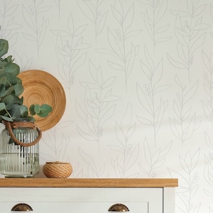 Simple Line Leaves Wallpaper / Neutral Leaves /  Modern Leaves Wallpaper / Hand Drawn Leafy Wallpaper / Plant Theme / Nursery Wall