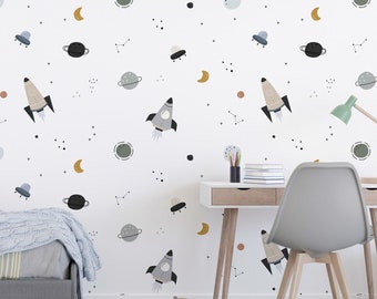 Modern Minimalist Space Themed Wall Decals / Rocketship Wall Decals / Space Room / Space Decor / Moon Decor / Boys Room Decor
