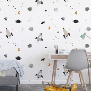 Quirky Minimalist Space Decals / Rocketship Wall Decals / Space Room / Space Decor / Moon Decor / Boys Room Decor