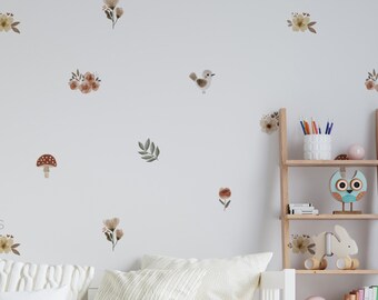 Millie Flowers and Bird Decals / Painted Florals Removable Wall Decals / Flower Feature Wall /  Nursery Decals / Whimsical Boho Floral