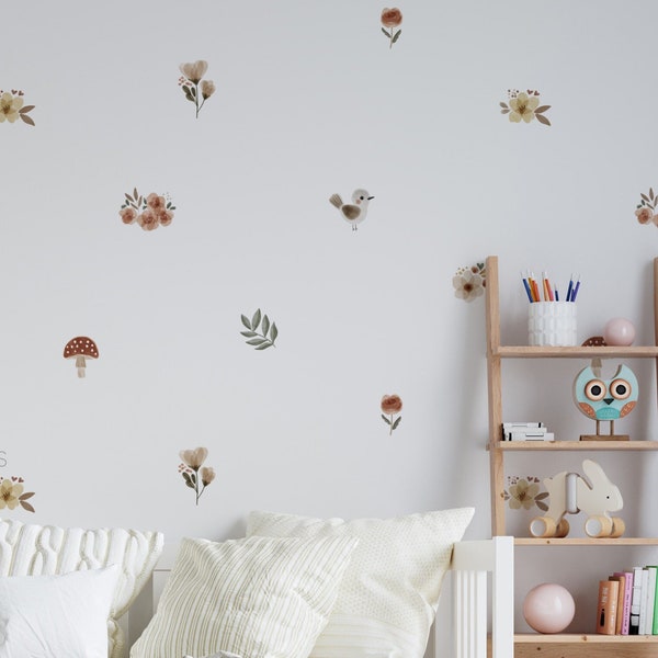 Millie Flowers and Bird Decals / Painted Florals Removable Wall Decals / Flower Feature Wall /  Nursery Decals / Whimsical Boho Floral