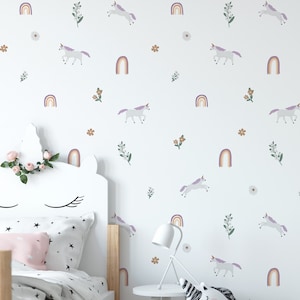 Muted Unicorn and Rainbow Removable Decals / Unicorn decor / Unicorn Stickers / Unicorn Room / Hand drawn Unicorn and Rainbows