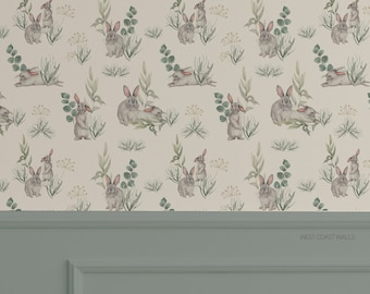 Whimsical Bunnies Wallpaper / Hand Painted Animals /  Nursery Decor / Animal Accent Wall / Nursery Wallpaper