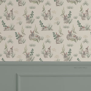 Whimsical Bunnies Wallpaper / Hand Painted Animals /  Nursery Decor / Animal Accent Wall / Nursery Wallpaper