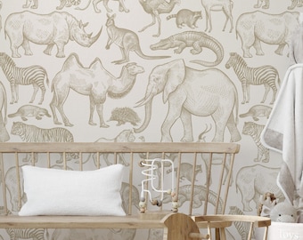 Hand Drawn Safari Animals Wallpaper  -Other colors available / Sketched Animals Wallpaper / Nursery Decor / Animal Accent Wall