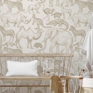 Hand Drawn Safari Animals Wallpaper  -Other colors available / Sketched Animals Wallpaper / Nursery Decor / Animal Accent Wall