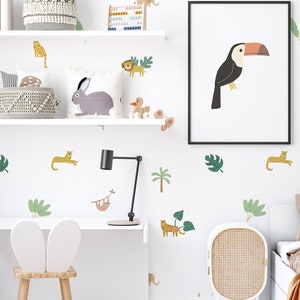 Calcomanías de pared extraíbles de lujo con animales de la selva, decoración de la selva, decoración infantil, habitación de niños, león, guepardo, tucán, elefante.