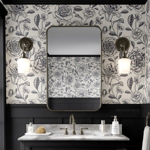 Rose and Lily Drawn Floral Wallpaper - Alternate Colours Available / Modern Line Art Floral Design / Floral Feature Wall