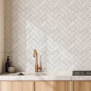 Marble Herringbone Tile Wallpaper / Tile Wallpaper / Herringbone Wallpaper / Tile Accent Wall  / Faux Tile Contact Paper