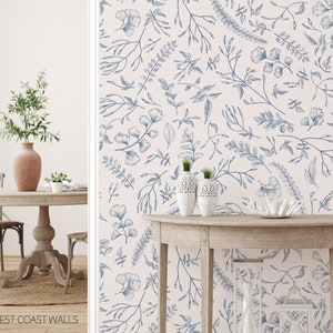 Dainty Floral Botanical Wallpaper, alternate colors available / Wallpaper / Sketched Botanical Wallpaper / Drawn Floral