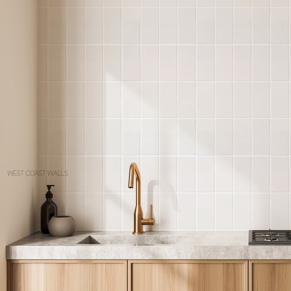 Vertical White Rectangle Tile Wallpaper / Tile Wallpaper / Irregular shape Tile / Tile Accent Wall  / Faux Tile Contact Paper