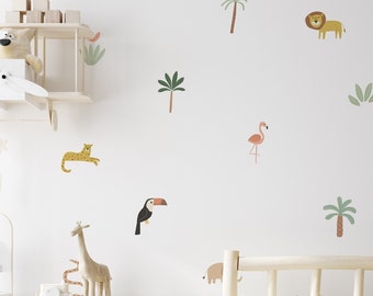 Calcomanías de pared extraíbles de Jungle Animals / Decoración de la jungla / Pegatinas de pared extraíbles / Decoración de guardería / Habitación de niños / Elefante tucán guepardo león