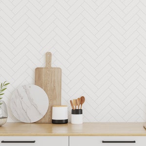 White Herringbone Tile Wallpaper / Tile Wallpaper / Herringbone Wallpaper / Tile Accent Wall  / Faux Tile Contact Paper