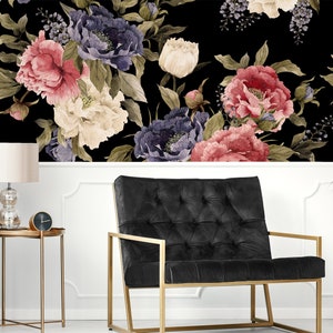 Dark Peony Blooms Wallpaper / Oversized Floral Wallpaper / Watercolor floral / Blossom Wallpaper / Dark Floral Accent Wall