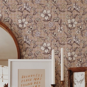 Vintage Plaid Blooms Wallpaper / Hand Drawn Floral Wallpaper / Floral Feature Wall / Boho Rustic Floral / Check Wallpaper / Vintage Floral