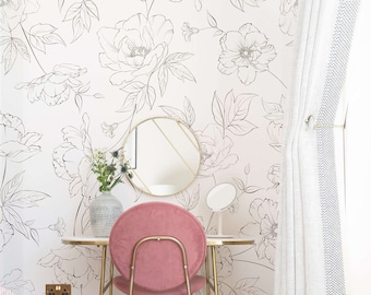 Large Delicate Drawn Floral Wallpaper - Alternate Colours Available / Modern Line Art Floral Design / Floral Feature Wall