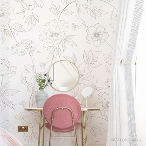 Grand papier peint fleuri délicat - Autres couleurs disponibles / Dessin au trait moderne, Design floral / Motif floral mural