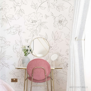 Large Delicate Drawn Floral Wallpaper - Alternate Colours Available / Modern Line Art Floral Design / Floral Feature Wall