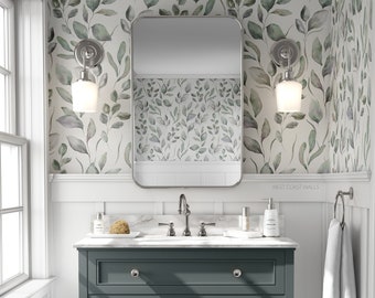 Watercolor Eucalyptus Leaves Wallpaper / Leaves Wallpaper / Botanical Feature Wall / Greenery Wallpaper / Neutral