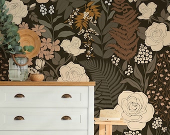 Flowers and Ferns Wallpaper / Hand Drawn Floral Design / Retro Floral Feature Wall / Boho Floral Wallpaper / Muted Floral Wallpaper