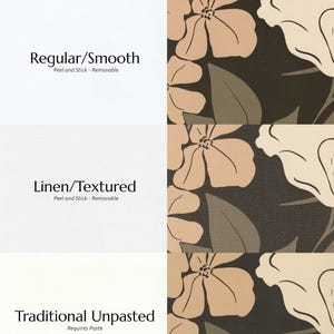 side by side comparison of different finishes of wallpaper - regular/smooth which is brighter and matte, linen/textured which has a texture and is a bit warmer in color, and traditional unpasted which requires paste and is the warmest in saturation.