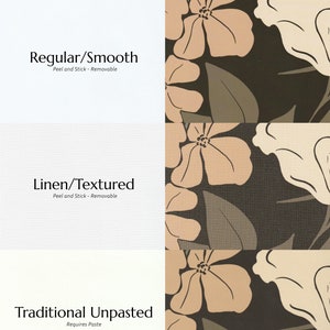 Può includere: Un confronto tra tre opzioni di carta da parati: Regular/Smooth, Linen/Textured e Traditional Unpasted. Ogni opzione presenta un motivo floreale con fiori beige su uno sfondo marrone scuro. Il testo 'West Coast Walls' appare nella parte superiore dell'immagine.