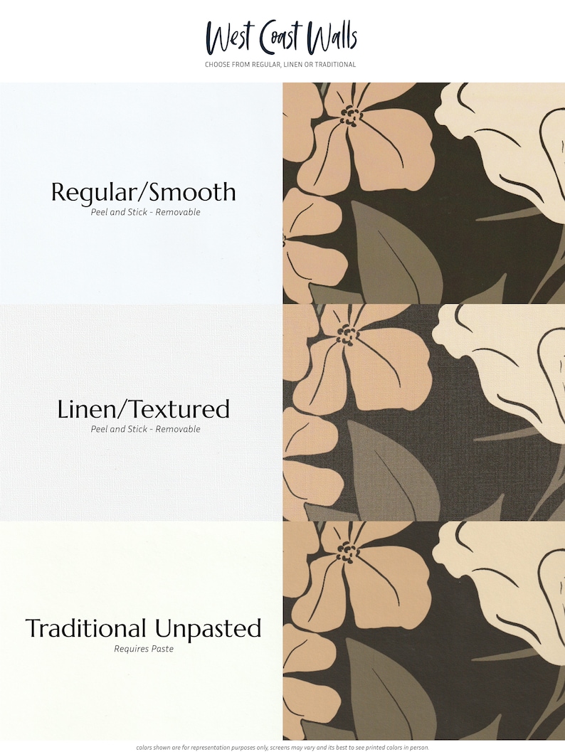 Può includere: Un confronto tra tre opzioni di carta da parati: Regular/Smooth, Linen/Textured e Traditional Unpasted. Ogni opzione presenta un motivo floreale con fiori beige su uno sfondo marrone scuro. Il testo 'West Coast Walls' appare nella parte superiore dell'immagine.