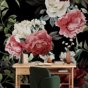 Peony and Rose Blooms Wallpaper / Dark Floral Wallpaper / Watercolor floral / Blossom Wallpaper / Dark Floral Accent Wall
